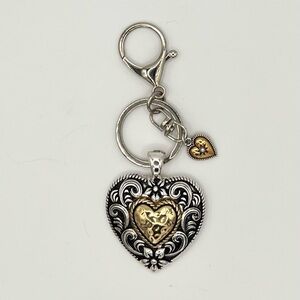 Mixed Metal Heart Keychain with Gold Tone Accent